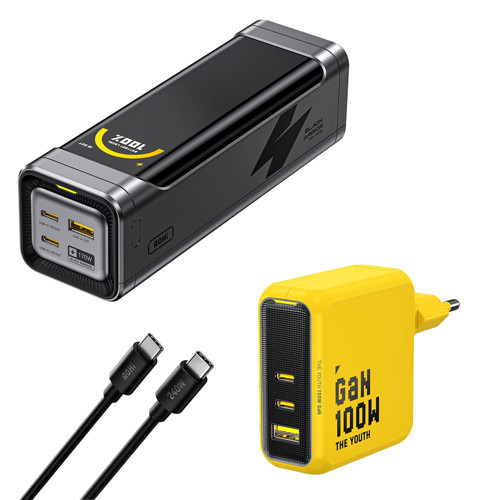 Black Warrior 25.200 mAh 170W Powerbank, Youth 3 Portlu 100W Şarj Adaptörü Seti
