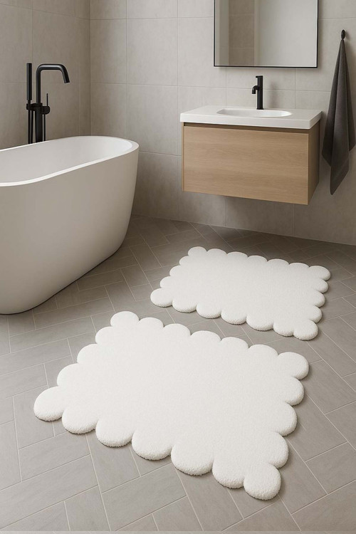 Lazer Kesim Beyaz Peluş Halı Banyo Paspası 2'Li