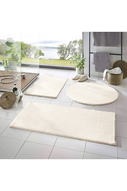 3'Lü Banyo Halısı Peluş Post Halı Klozet Takımı Krem 50X90--50X60---50X50(Yuvarlak)