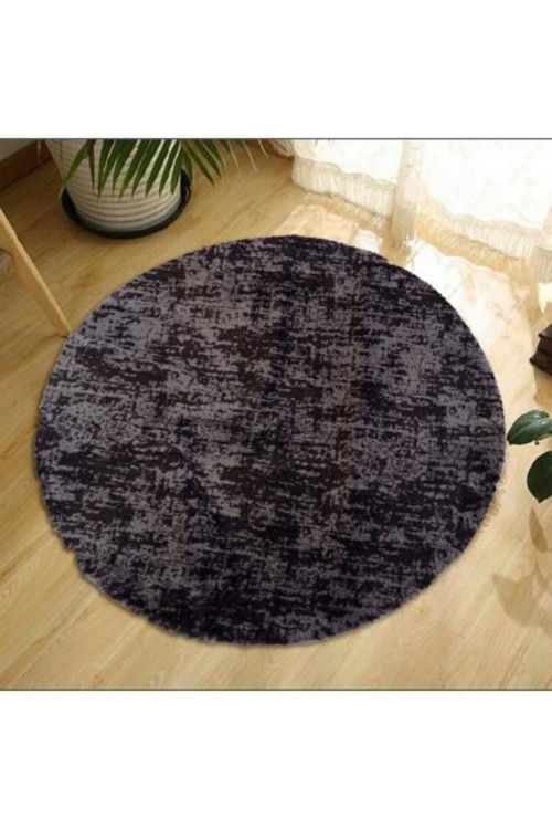 Dekoratif Desenli Koyu Gri Peluş Yuvarlak-Oval Halı