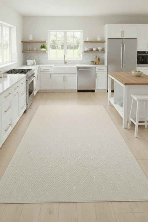 Premium Yıkanabilir Leke Tutmaz Yaprak Emboss Krem Mutfak Halısı Özel Seri Kaymaz Taban Halı