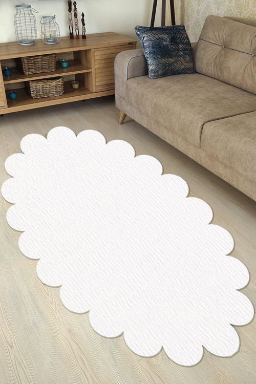 Dekoratif Beyaz Peluş Elips Papatya Desen Halı