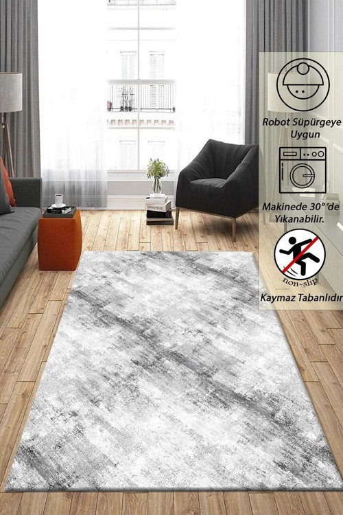Çizgi Desenli Gri Kaymaz Taban Kalın Peluş Halı - Yolluk Yüksek Kalite