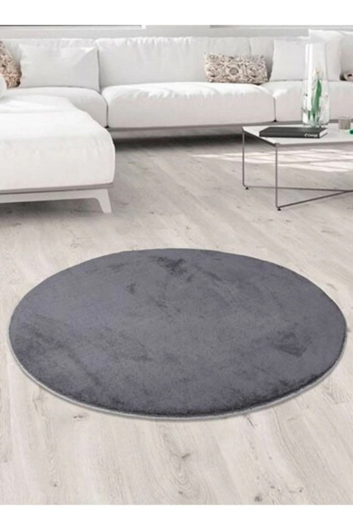 Raschel Carpet Yıkanabilir Kaymaz Taban Yuvarlak Peluş Halı Koyu Gri