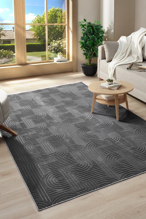 Bohem Emboss Premium Seri Kaymaz Taban Jel Taban Halı Yolluk Koyu Gri