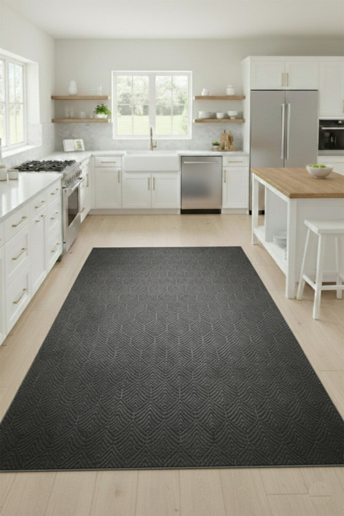 Premium Yıkanabilir Leke Tutmaz Yaprak Emboss Koyu Gri Mutfak Halısı Özel Seri Kaymaz Taban Halı