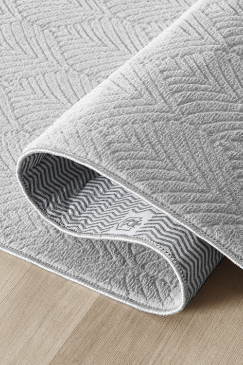Premium Yıkanabilir Leke Tutmaz Yaprak Emboss Açık Gri Özel Seri Kaymaz Taban Halı Yolluk