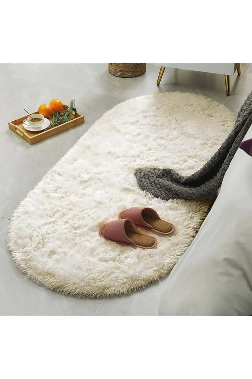 Oval Kesme Yolluk Kaymaz Taban Kalın Yumuşak Peluş Halı Özel Taban Krem
