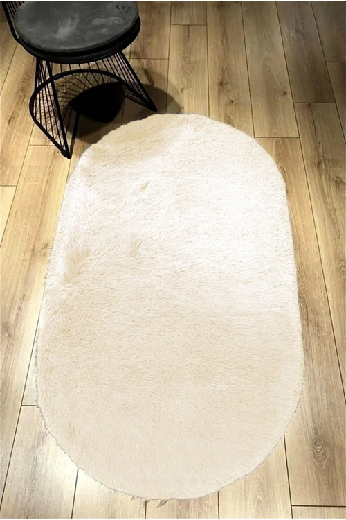 Oval Kesme Yolluk Kaymaz Taban Kalın Yumuşak Peluş Halı Özel Taban Krem