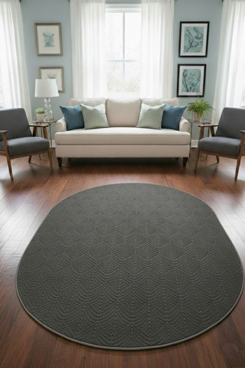 Premium Oval Yıkanabilir Leke Tutmaz Yaprak Emboss Koyu Gri Özel Seri Kaymaz Taban Halı Yolluk