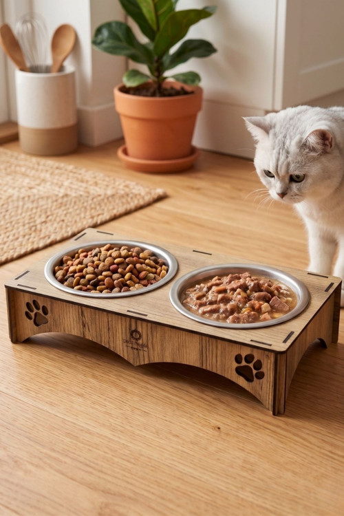 2'li Mama Kabı, Ahşap Çelik Kaseli Kedi Mama Kabı, Ahşap Standlı, Metal Kaseli