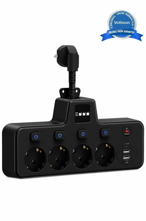 Termal Akım Korumalı 4'lü Duvar Tipi Priz 2x USB 2x Type-C Çıkışlı Grup Priz Çoğaltıcı siyah (2500W)