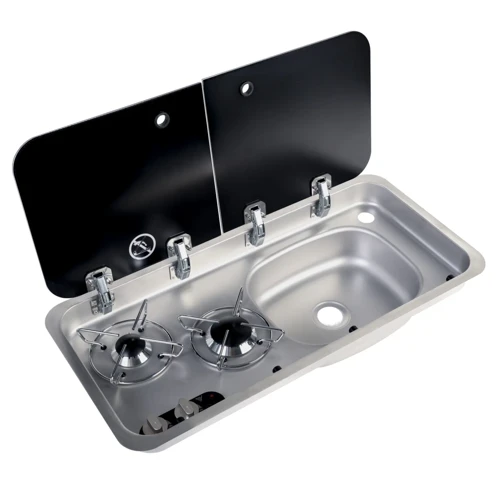NL25100 - Tamperli Çift Cam Kapaklı İki Ocaklı ve Sağ Evye - Ölçüler: 35 x 73 x 15 cm Ağırlık: 8 kg - Musluk D