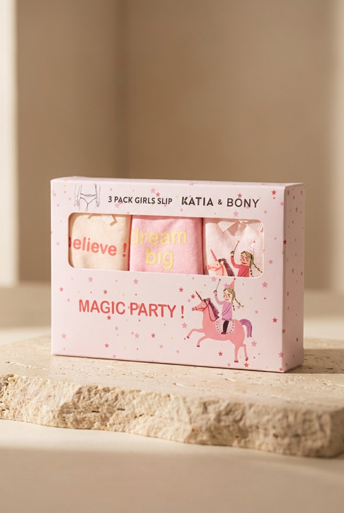 Kız Çocuk 3'lü Unicorn Kutulu Slip Pembe