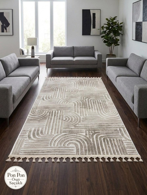 Kaymaz Taban Krem Bej Modern Desenli Yıkanabilir Leke Tutmaz Saçaklı Salon Oturma Odası Mutfak Halı Yolluk
