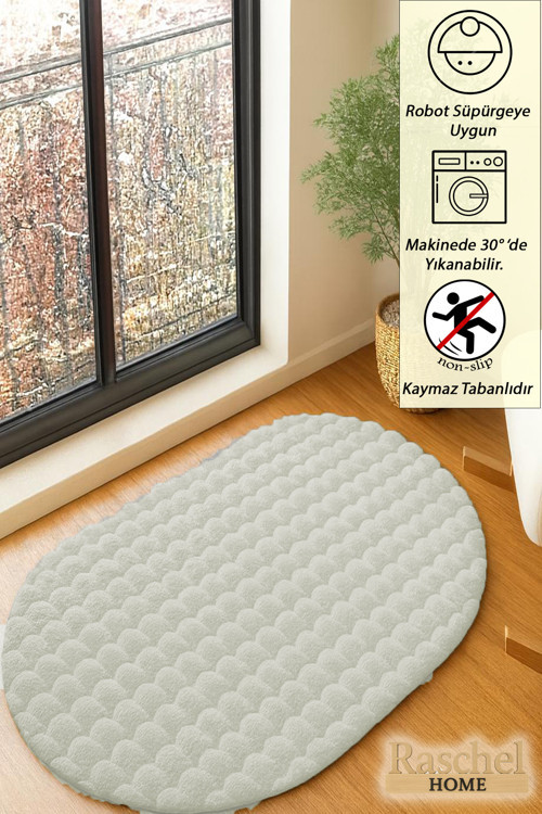 Beyaz Yumuşak Bubble Kaymaz Özel Taban Oval Peluş Halı Yolluk