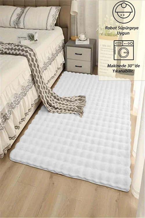 Beyaz Yumuşak Bubble Kaymaz Özel Taban Peluş Halı Yolluk