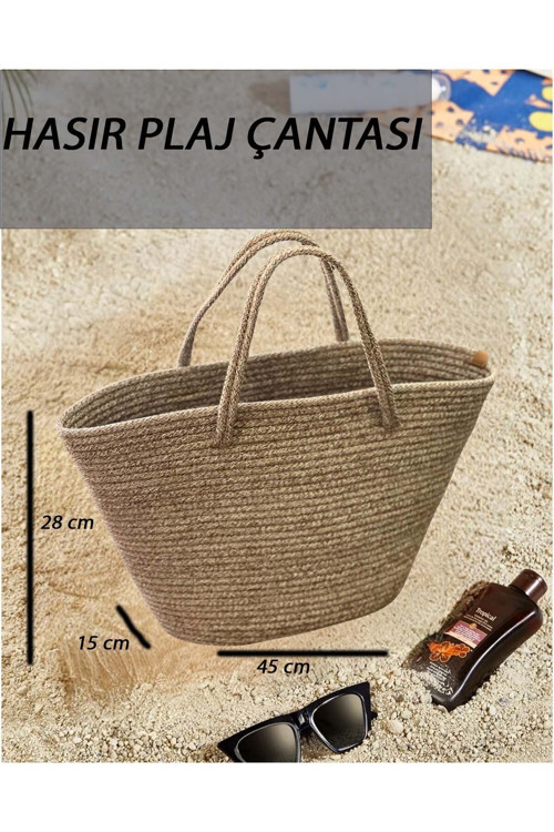 Hasır Jüt Plaj Çantası 28X15X45 Yıkanabilir Çok Amaçlı Çanta