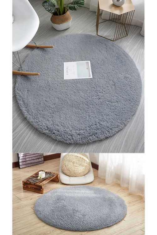 Raschel Carpet Yıkanabilir Kaymaz Taban Yuvarlak Peluş Halı Açık Gri
