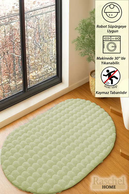 Krem Yumuşak Bubble Kaymaz Özel Taban Oval Peluş Halı Yolluk