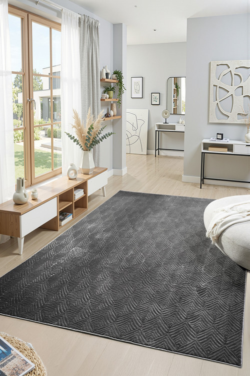 Premium Yıkanabilir Leke Tutmaz Yaprak Emboss Koyu Gri Özel Seri Kaymaz Taban Halı Yolluk