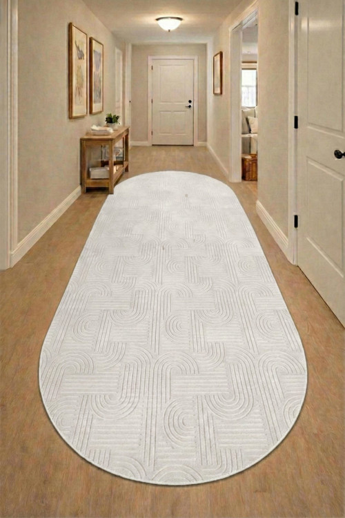 Bohem Oval Krem Emboss Premium Seri Yeni Nesil Kaymaz Taban Jel Taban Halı Yolluk Antre Hol