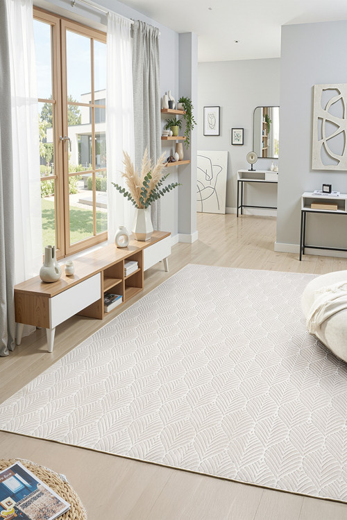 Premium Yıkanabilir Leke Tutmaz Yaprak Emboss Krem Özel Seri Kaymaz Taban Halı Yolluk