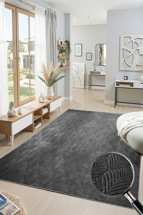 Premium Yıkanabilir Leke Tutmaz Yaprak Emboss Koyu Gri Özel Seri Kaymaz Taban Halı Yolluk