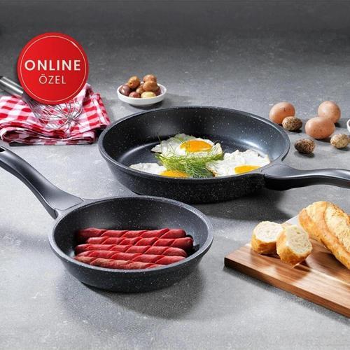Famos Yanmaz Yapışmaz 2 Parça Granit Döküm Tava Seti - Gri