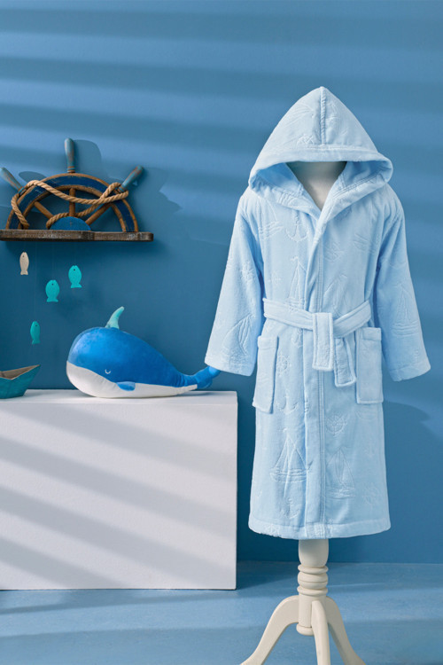 Boy Marine Kapüşonlu Kadife Çocuk Bornozu 9-10 Yaş