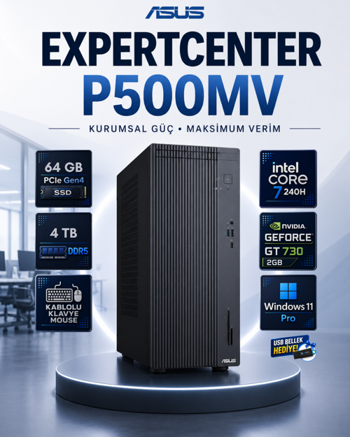 ExpertCenter P500MV Core 7 240H 64 GB DDR5 4 TB SSD GT 730 Ekran Kartı Windows 11 Pro Masaüstü Bilgisayar P500MVC7G
