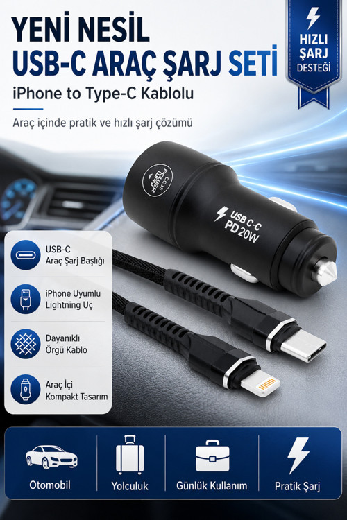 Yeni Nesil USB-C Araç Şarj Seti iPhone to Type-C Kablolu PD18W Hızlı Şarj Destekli Araç İçi Şarj Cihazı