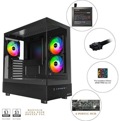 XR Cam Panel Oyuncu Kasası Siyah Renk + Alpha 80+ Bronze 850W ATX 3.1 Gen5.1 PSU + 6 Port Fa
