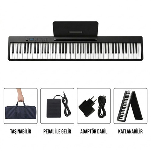 JDP-8840 Tuş Hassasiyetli Katlanabilir Bluetooth + Şarjlı Piyano - Siyah