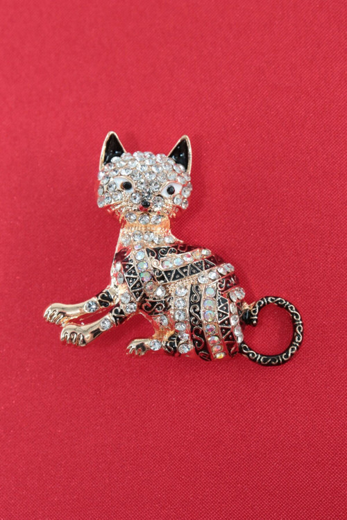 Kraliçenin oyun arkadaşı kedi broş, Gold renkli kristal taşlı kadın yaka iğnesi