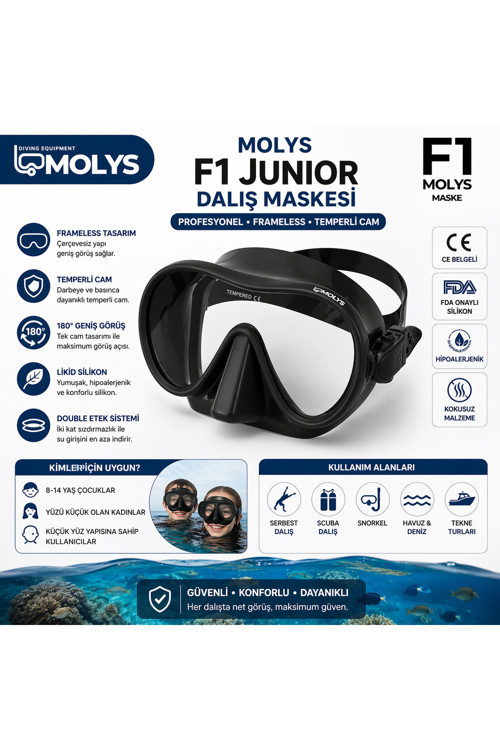 F1 JUNIOR PROFESYONEL DALIŞ MASKESİ, TEMPERLİ CAM, LİKİD SİLİKON