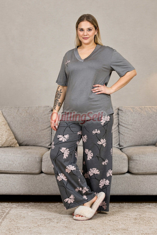 Gri Renk Çiçek Desenli 11058 Kısa Kol Kadın Büyük Beden Anne Pijama Takımı