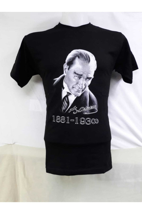 Unısex Çocuk Siyah Mustafa Kemal Atatürk Baskılı Tişört