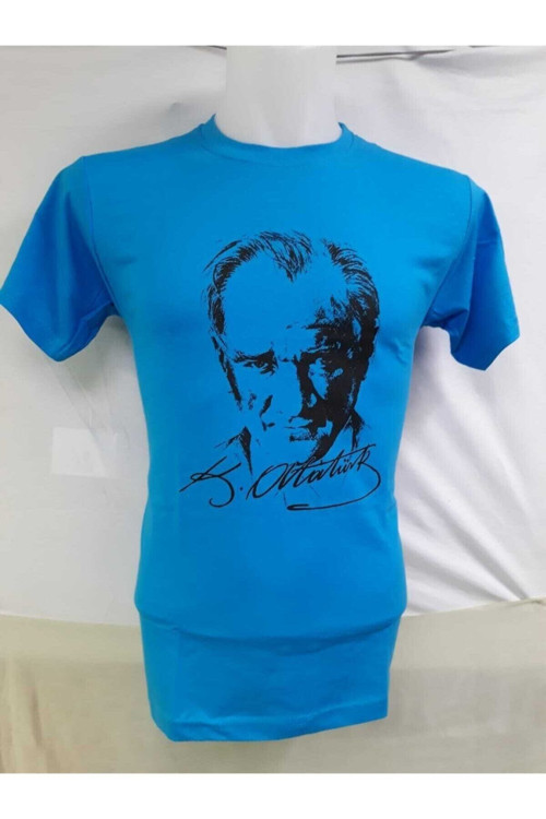 Unısex Mavi Mustafa Kemal Atatürk Baskılı Çocuk Tişört