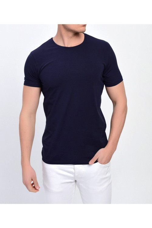 Erkek Lacivert Bisiklet Yaka Likralı Basic T-shirt