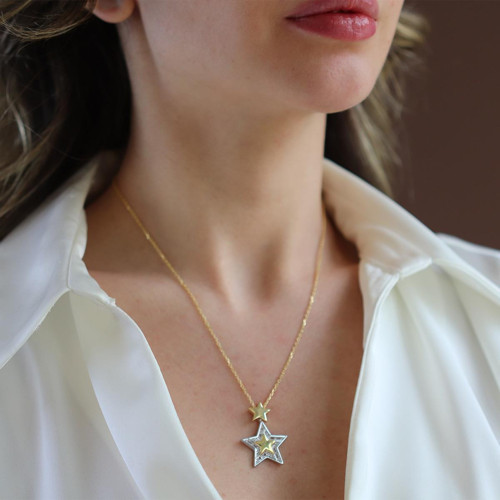 Stars Baget Taşlı Gold Gümüş Kolye
