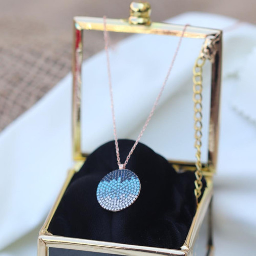 Mavi Renkli Zirkon Taşlı Yuvarlak Rose Gold Gümüş Kolye