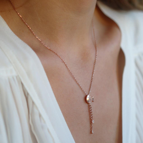 Zirkon Taşlı Sallantılı Balık Rose Gold Kaplama Gümüş Kolye