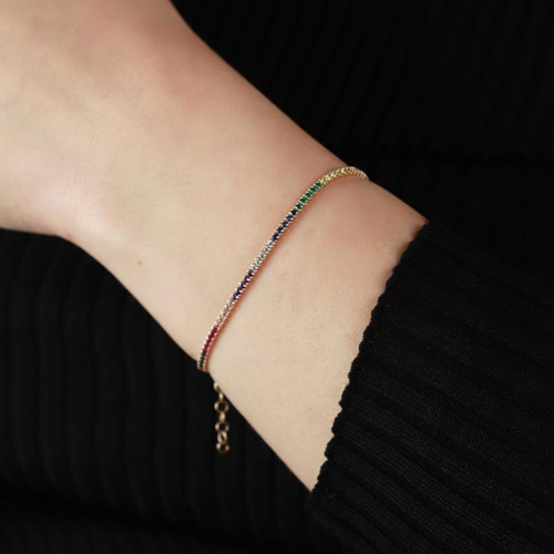 Rainbow Zirkon Taşlı Rose Gold Kaplama Gümüş Su Yolu Bileklik