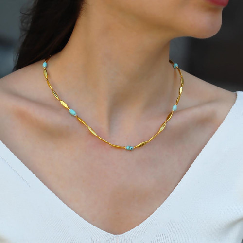 Alaçatı Turkuaz Taşlı Gold Gümüş Kolye