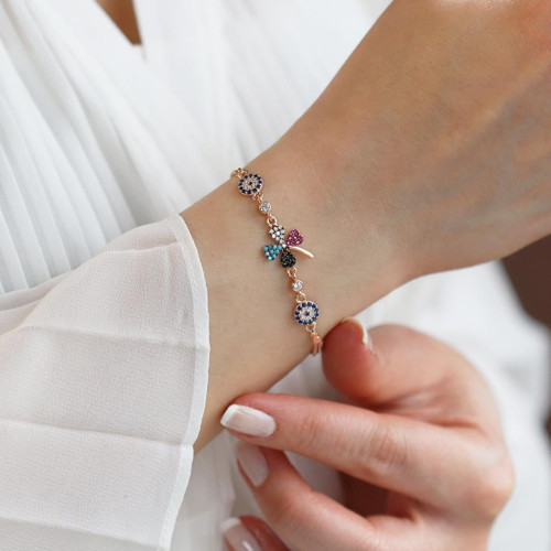Renkli Zirkon Taşlı Yonca ve Nazar Boncuklu Rose Gold Kaplama Gümüş Bileklik
