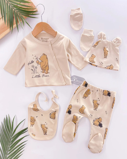 Hello Little Bear Baskılı 5 Parça %100 Pamuk Erkek Bebek Hastane Çıkışı
