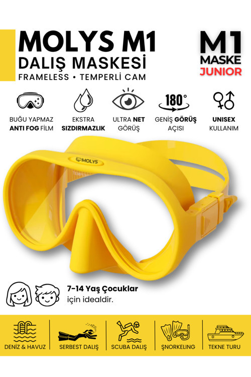 M1 JUNIOR DALIŞ MASKESİ + ANTI FOG (BUĞU ÖNLEYİCİ FİLM) GÜNEŞ SARISI