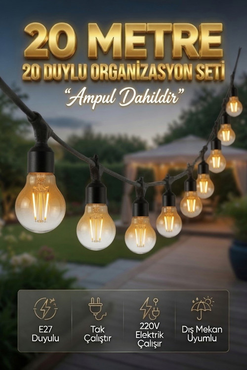 20 Metre 20 Duy Organizasyon Seti A60 4W E27 Rustik Ampul Dahil 220V Dış Mekan Bahçe Teras