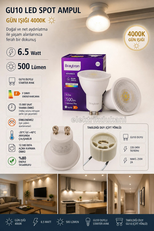 6.5w GÜNIŞIĞI GU10 Duylu Çanak Led Spot Ampul 4000k (Starter Duylu) 220 Volt 6.5 Watt